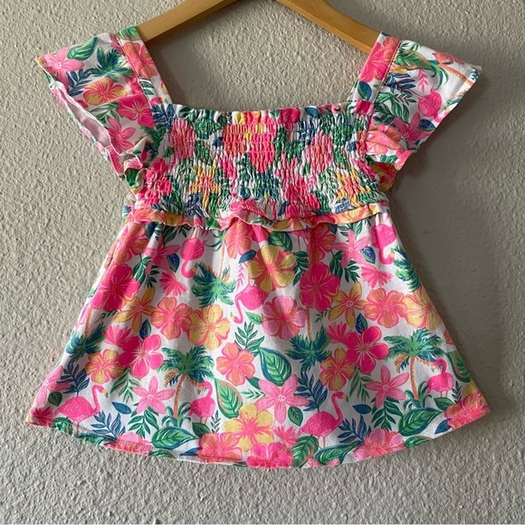 Tommy Bahama Other - Tommy Bahama Smocked Top Girls Small (5/6) Pink Floral Hawaiian Flamingo Ruffle